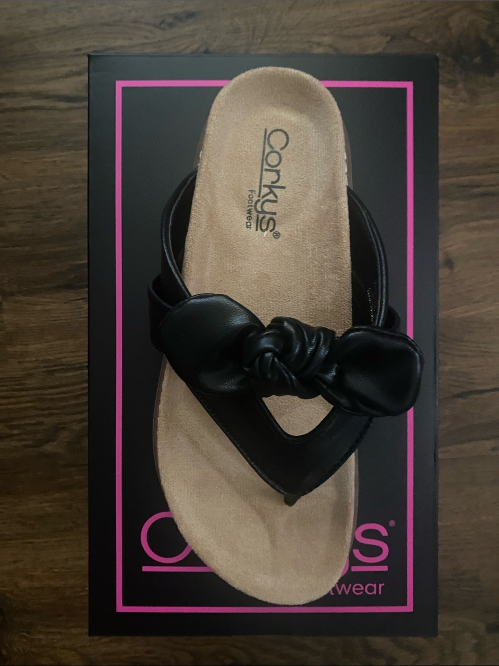 Corkys Black Knotted Thong Sandal with Tan Footbed